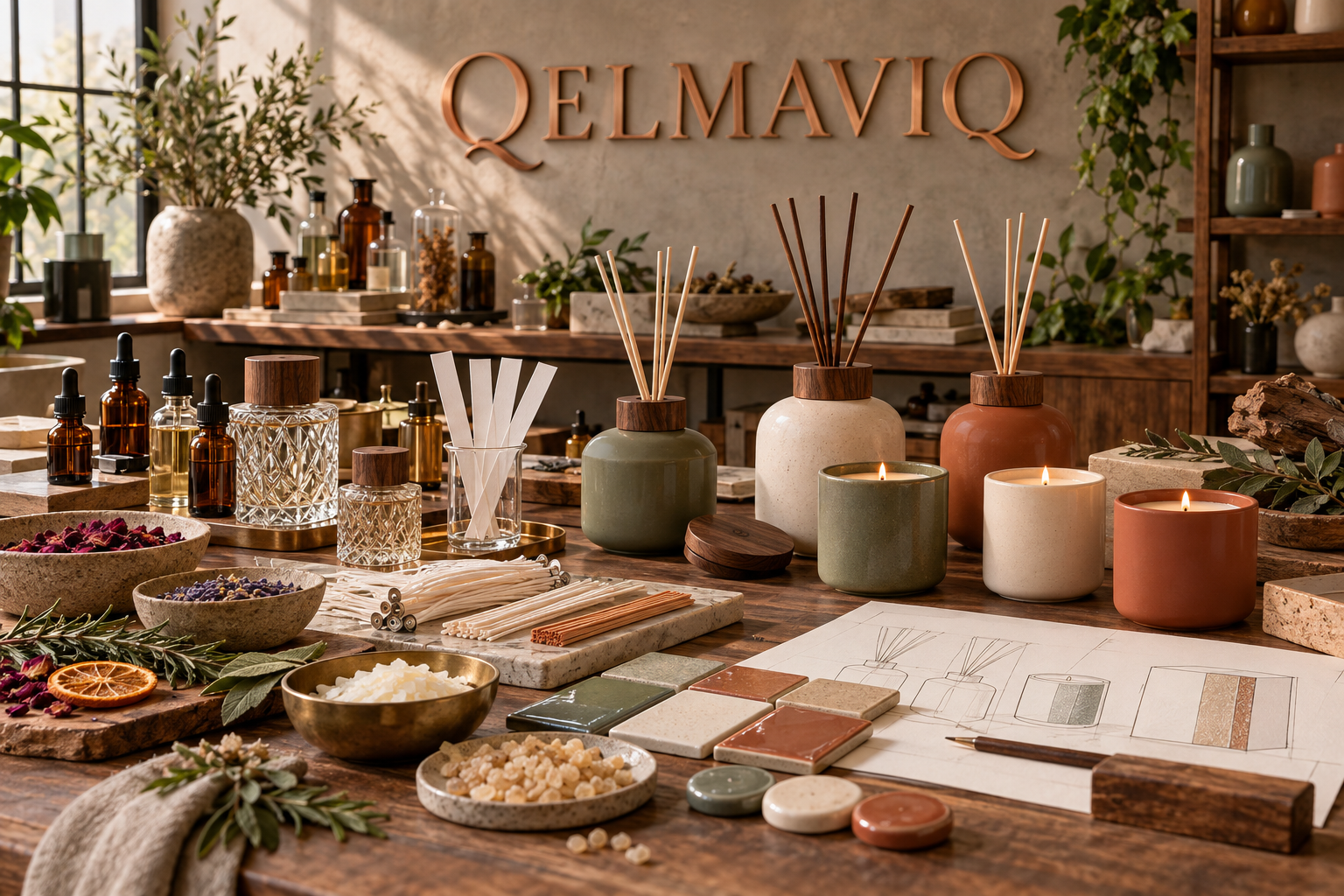 Qelmaviq fragrance atelier with ceramic vessels, reed diffusers, botanical ingredients and scent sketches